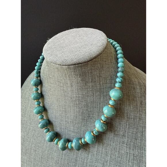 Vintage Acrylic Bead Beaded Necklace Faux Turquoise Gold Tone Y2K 80s Cocktail - Picture 1 of 4